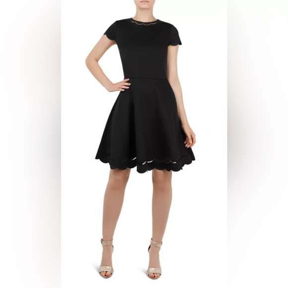 TED BAKER - Marlena Scalloped Short Sleeve Dress in Black. Size: TB3 = US 8 - Picture 2 of 16